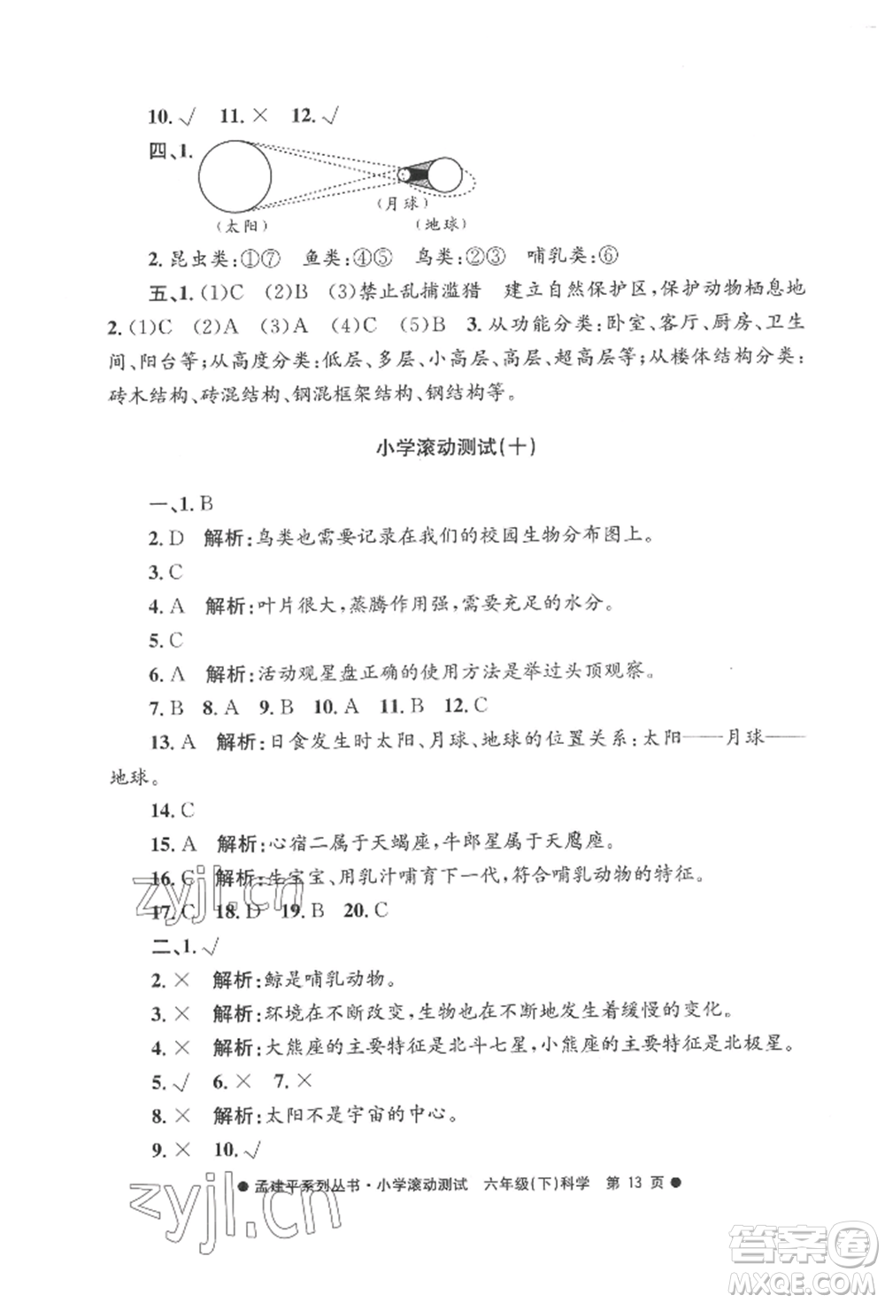 浙江工商大學(xué)出版社2022孟建平系列小學(xué)滾動(dòng)測(cè)試六年級(jí)下冊(cè)科學(xué)教科版參考答案