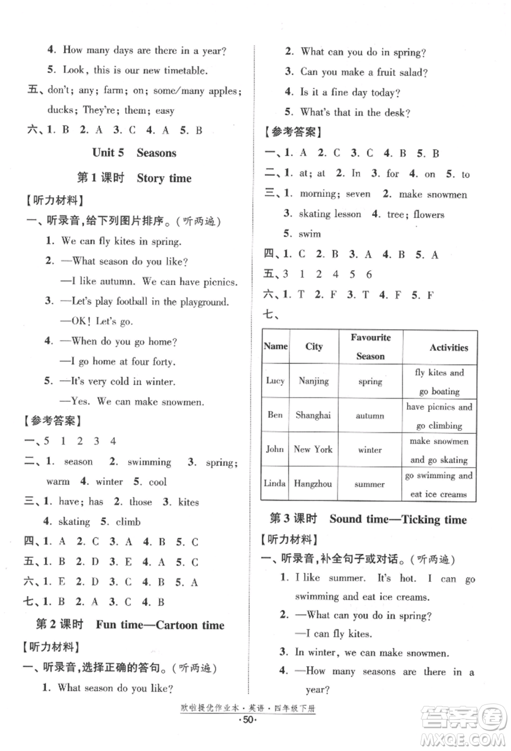 江蘇鳳凰美術(shù)出版社2022歐拉提優(yōu)作業(yè)本四年級(jí)英語(yǔ)下冊(cè)譯林版參考答案