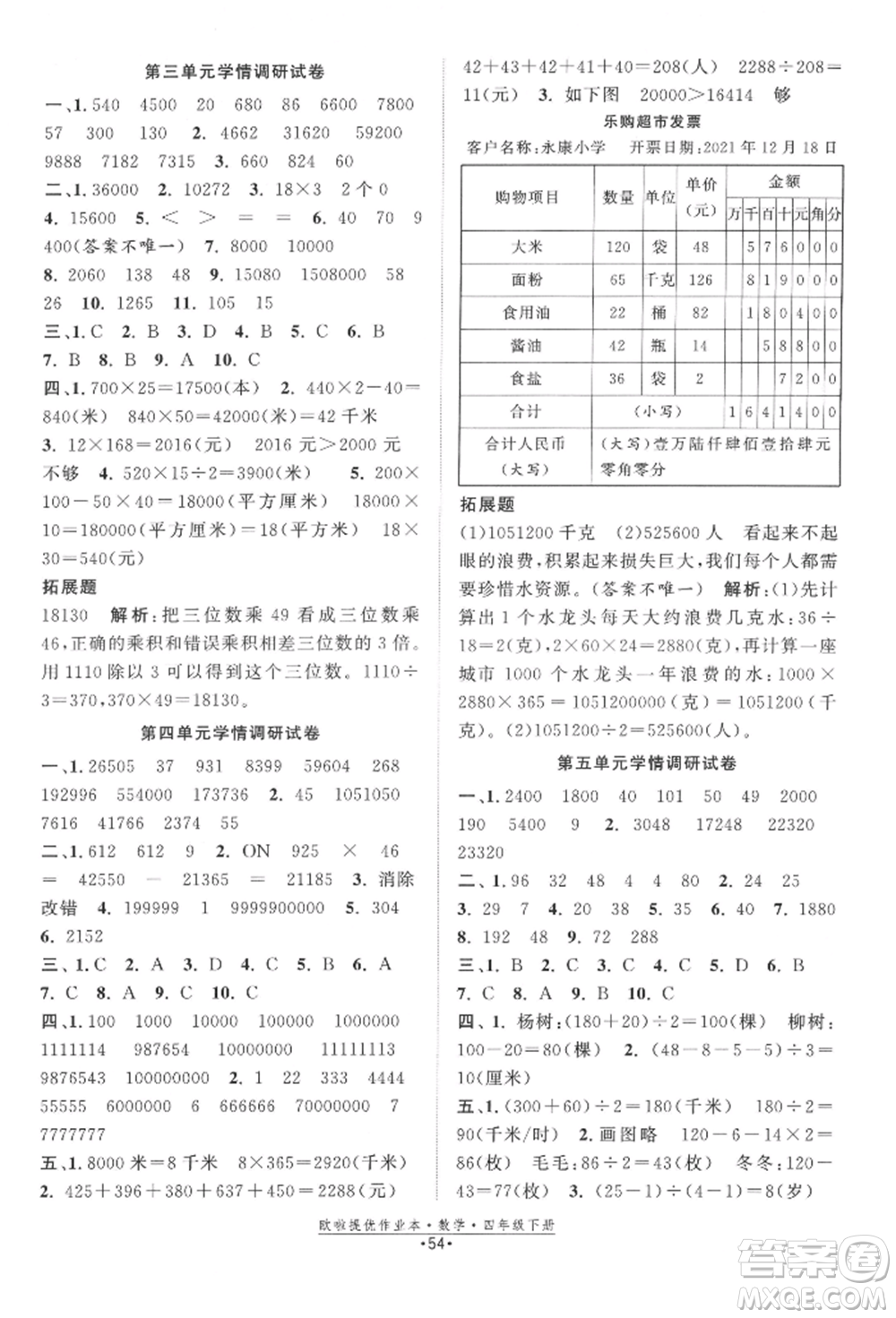 江蘇鳳凰美術(shù)出版社2022歐拉提優(yōu)作業(yè)本四年級數(shù)學(xué)下冊蘇教版參考答案