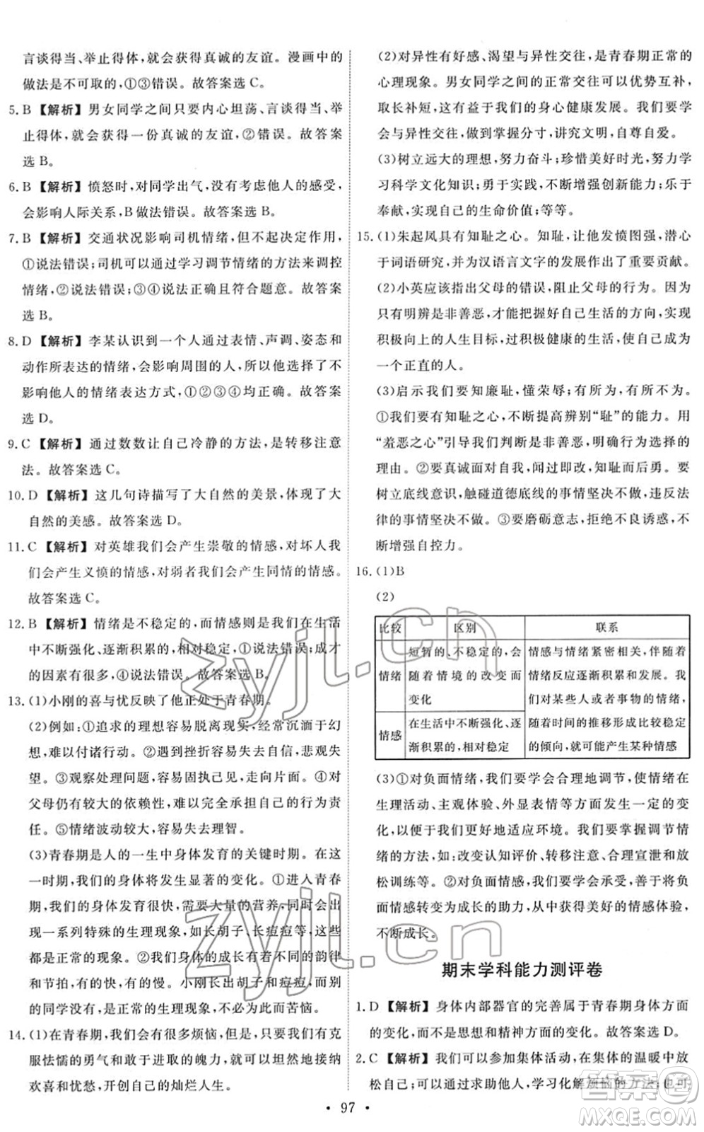 人民教育出版社2022能力培養(yǎng)與測(cè)試七年級(jí)道德與法治下冊(cè)人教版答案