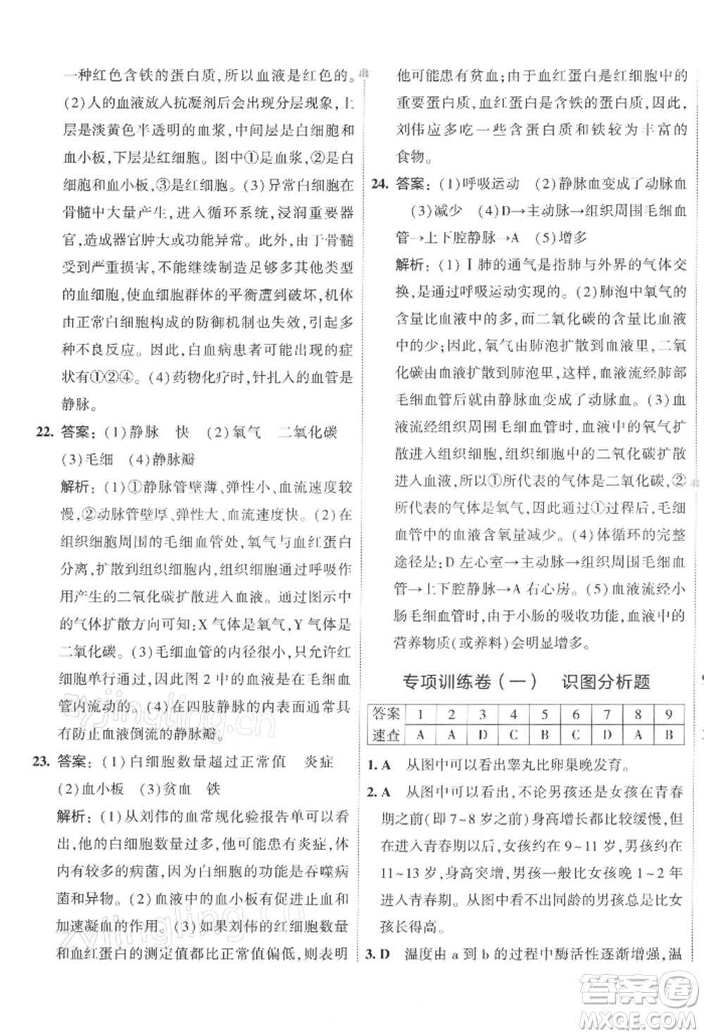 首都師范大學(xué)出版社2022年5年中考3年模擬初中試卷七年級(jí)下冊(cè)生物人教版參考答案