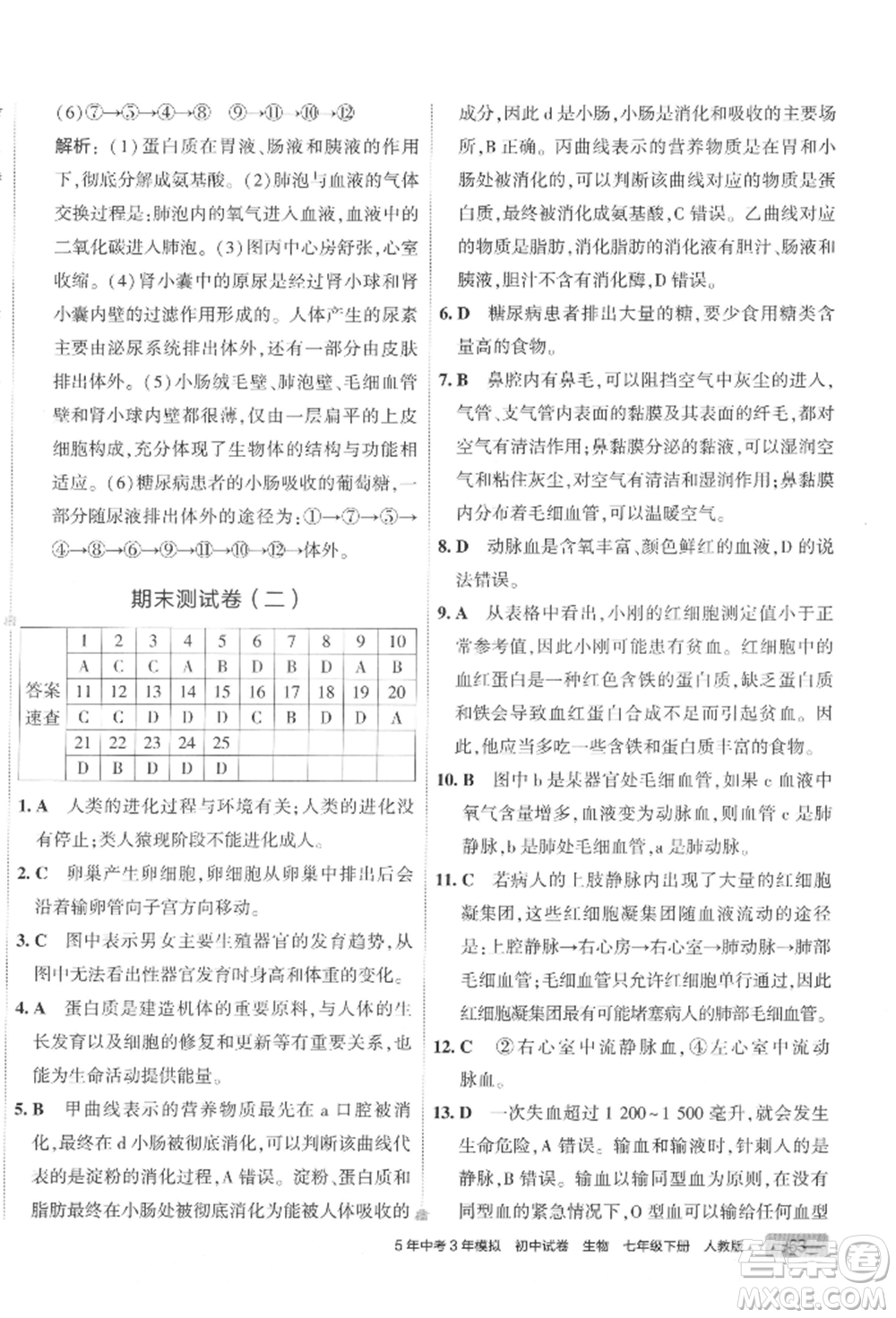 首都師范大學(xué)出版社2022年5年中考3年模擬初中試卷七年級(jí)下冊(cè)生物人教版參考答案