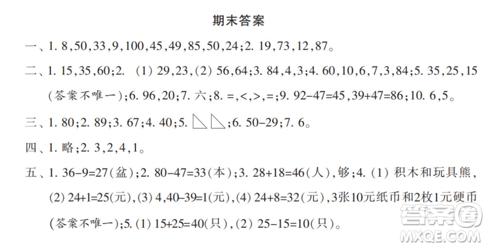 2022春小學生數(shù)學報配套試卷一年級下冊期末測試卷參考答案