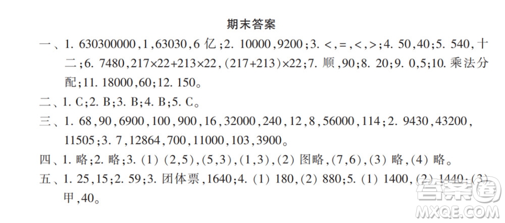 2022春小學(xué)生數(shù)學(xué)報(bào)配套試卷四年級下冊期末測試卷參考答案