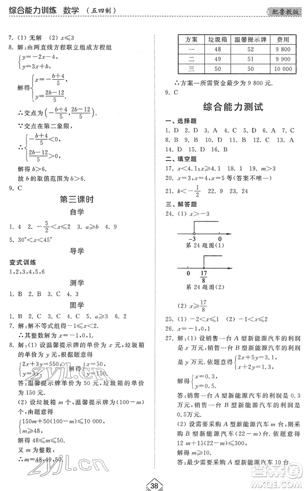 山東人民出版社2022綜合能力訓(xùn)練七年級數(shù)學(xué)下冊魯教版五四學(xué)制答案