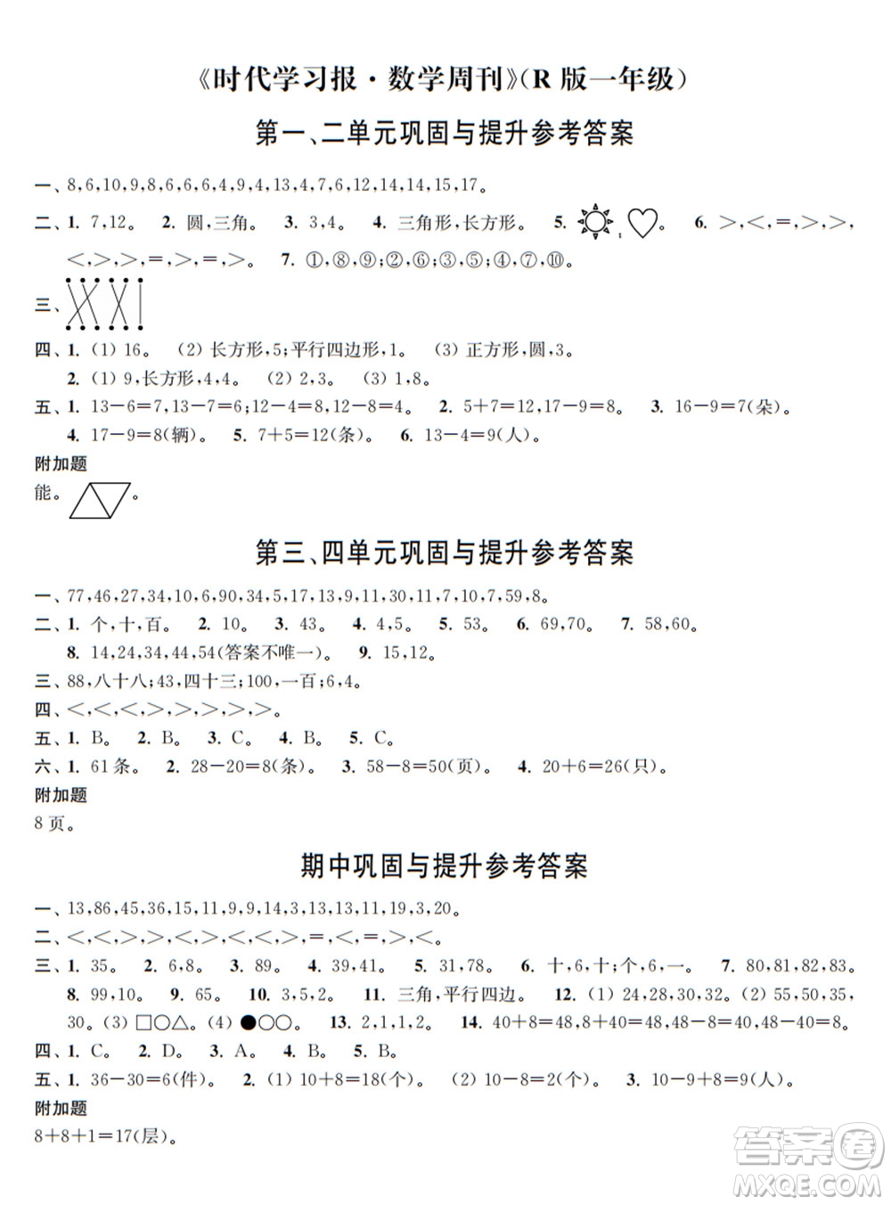 時代學(xué)習(xí)報數(shù)學(xué)周刊2021-2022學(xué)年度R人教版一年級第二學(xué)期鞏固與提升參考答案