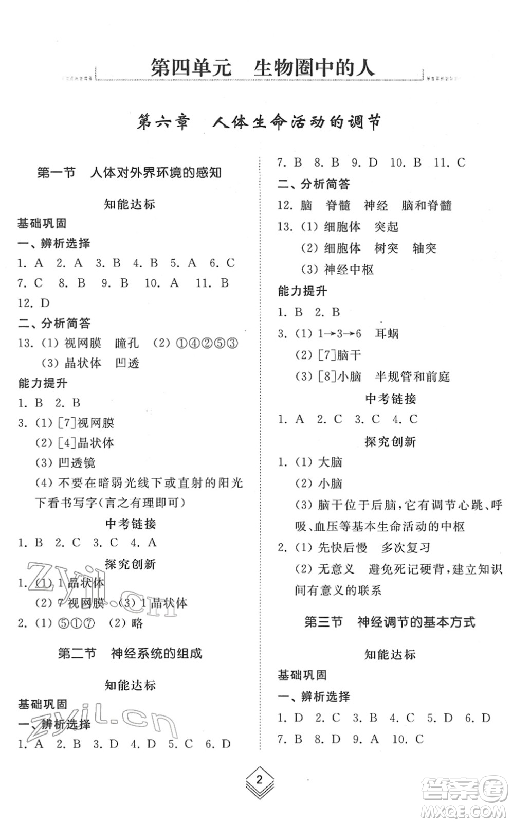 山東人民出版社2022綜合能力訓練七年級生物下冊魯科版五四學制答案