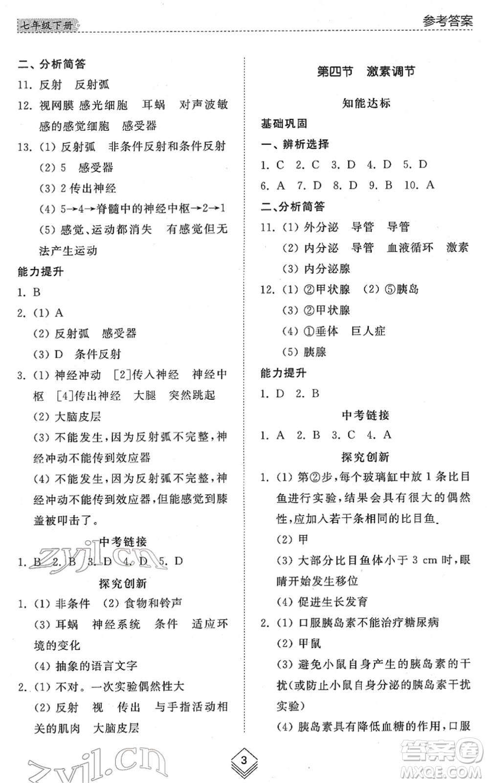 山東人民出版社2022綜合能力訓練七年級生物下冊魯科版五四學制答案