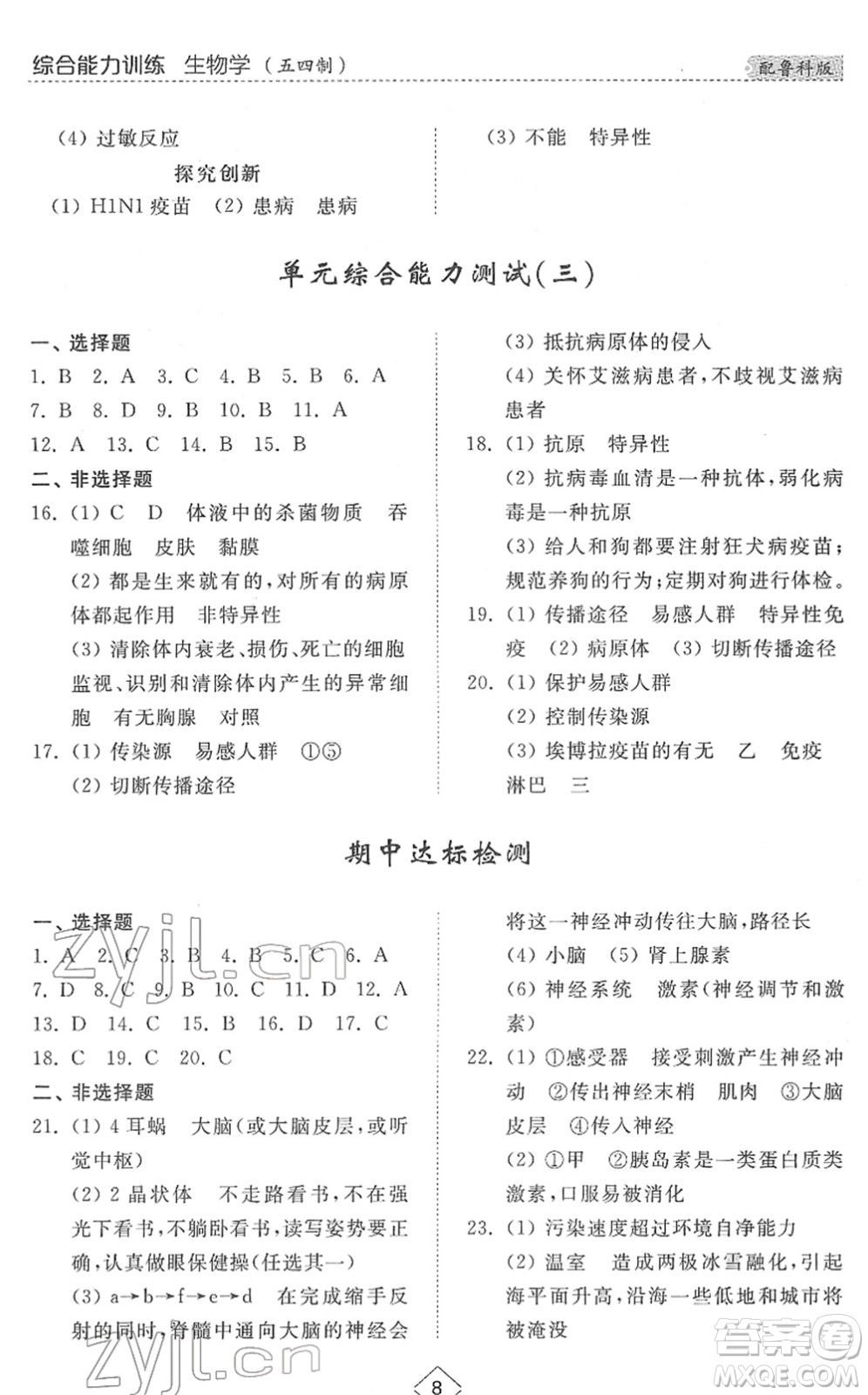 山東人民出版社2022綜合能力訓練七年級生物下冊魯科版五四學制答案