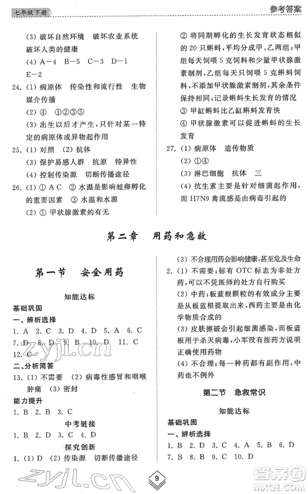 山東人民出版社2022綜合能力訓練七年級生物下冊魯科版五四學制答案