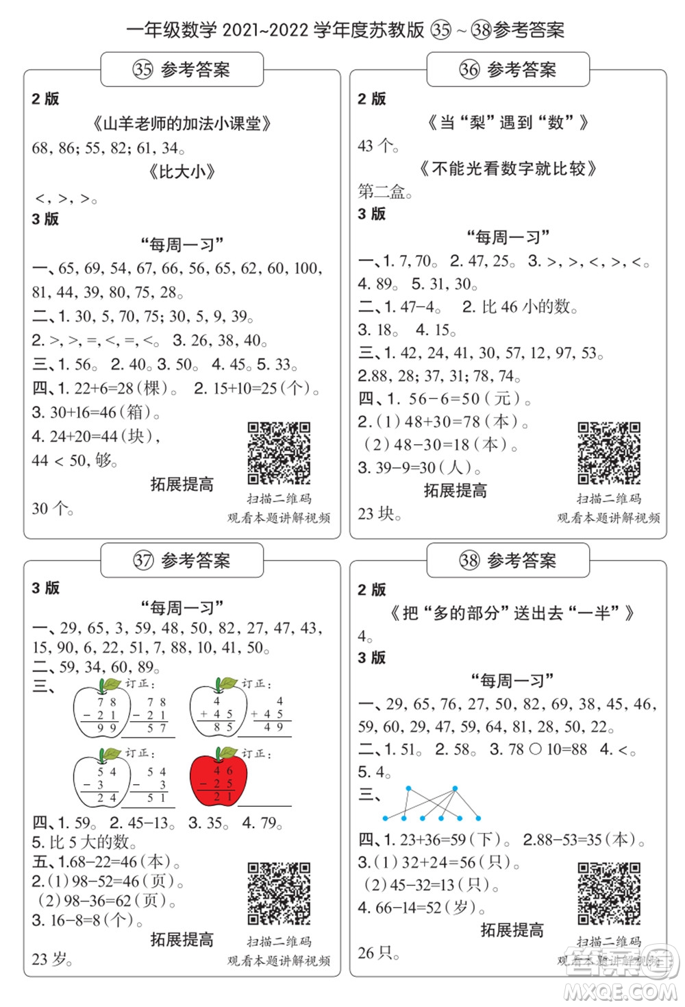 時(shí)代學(xué)習(xí)報(bào)數(shù)學(xué)周刊一年級(jí)2021-2022學(xué)年度蘇教版第35-38期參考答案