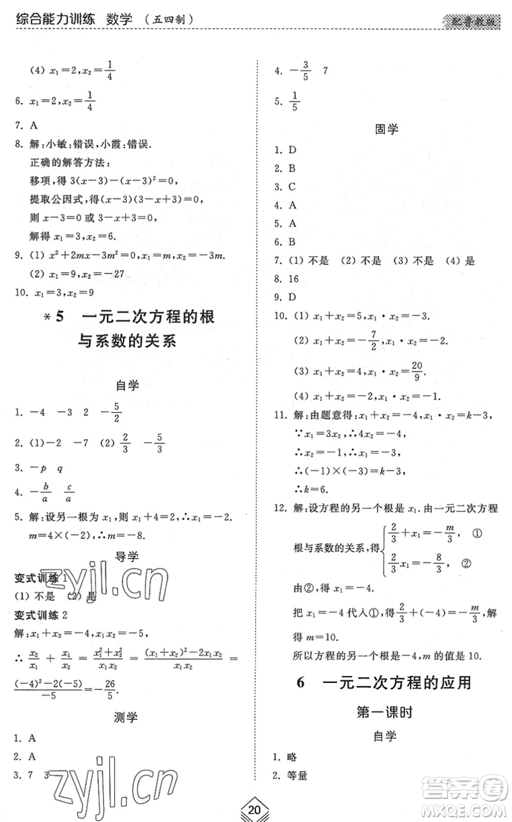 山東人民出版社2022綜合能力訓(xùn)練八年級數(shù)學(xué)下冊魯教版五四學(xué)制答案