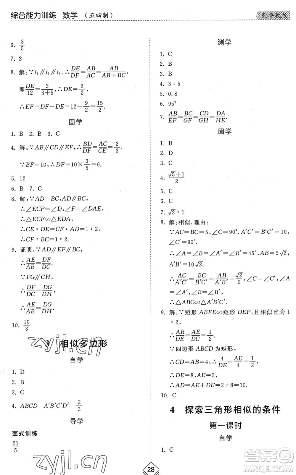 山東人民出版社2022綜合能力訓(xùn)練八年級數(shù)學(xué)下冊魯教版五四學(xué)制答案