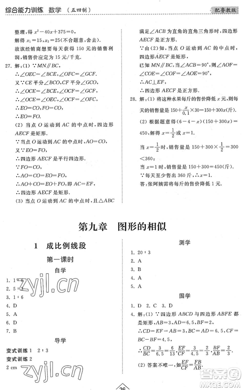 山東人民出版社2022綜合能力訓(xùn)練八年級數(shù)學(xué)下冊魯教版五四學(xué)制答案