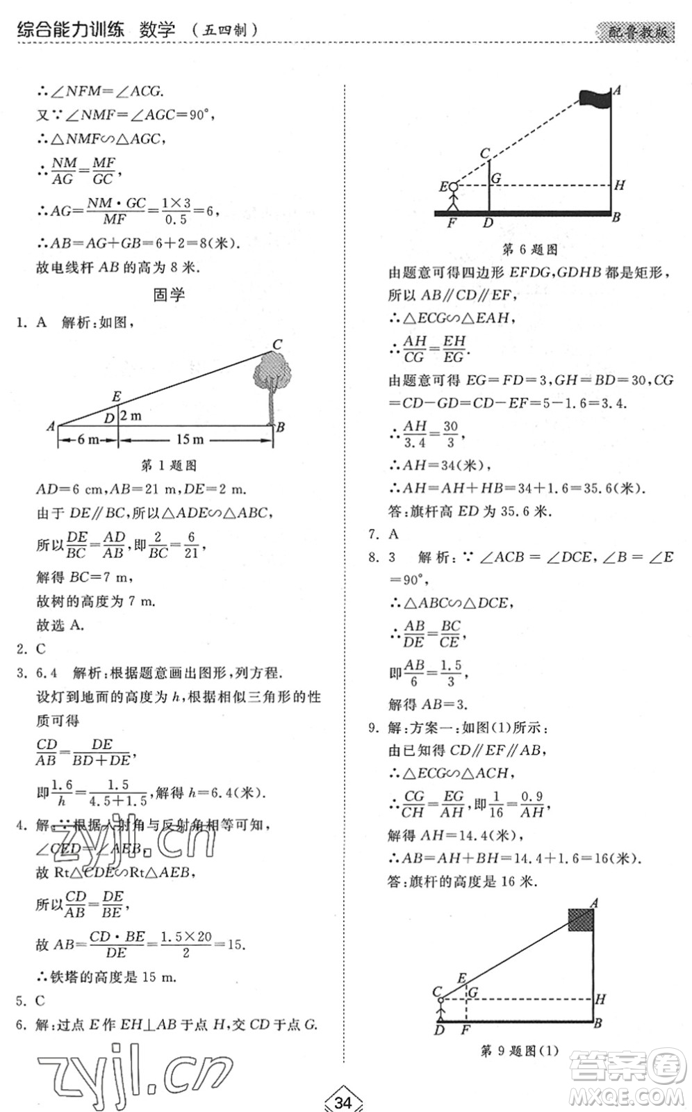 山東人民出版社2022綜合能力訓(xùn)練八年級數(shù)學(xué)下冊魯教版五四學(xué)制答案