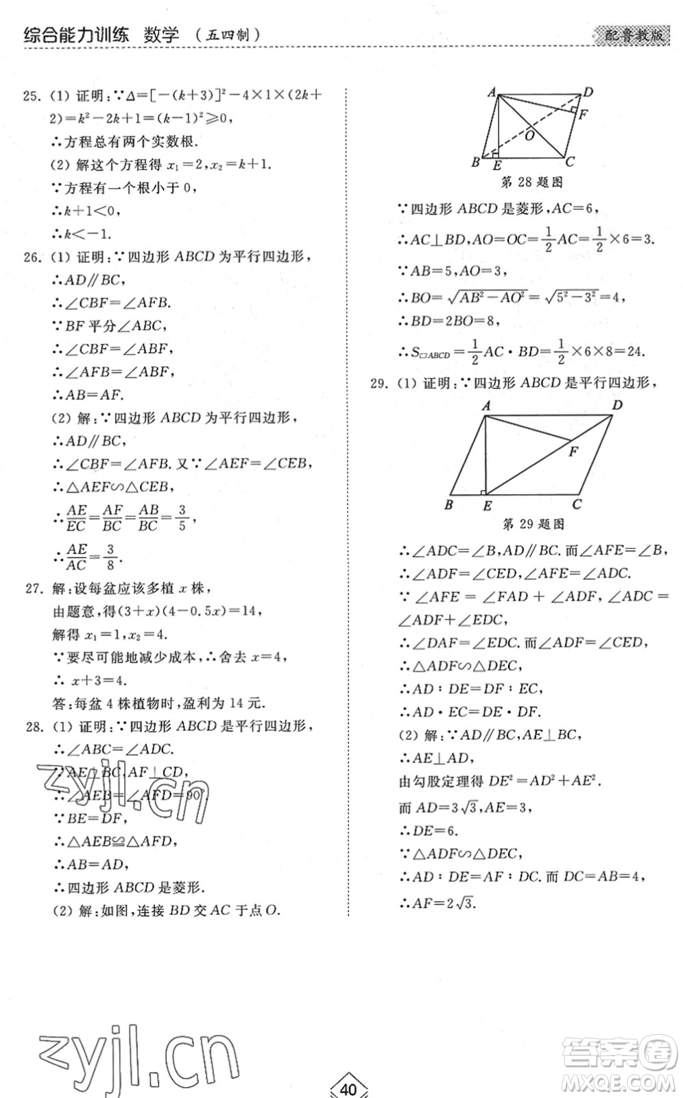 山東人民出版社2022綜合能力訓(xùn)練八年級數(shù)學(xué)下冊魯教版五四學(xué)制答案