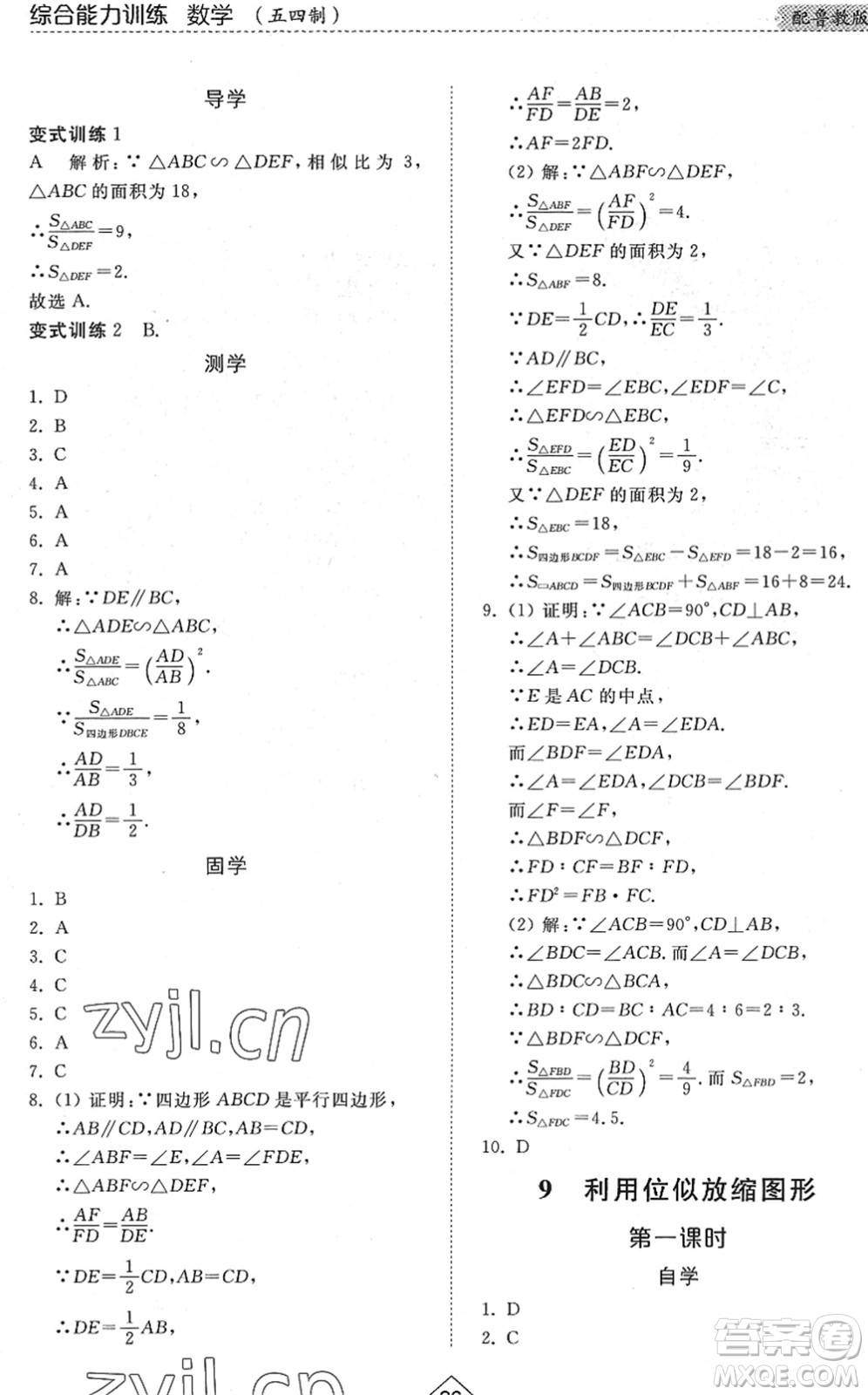 山東人民出版社2022綜合能力訓(xùn)練八年級數(shù)學(xué)下冊魯教版五四學(xué)制答案