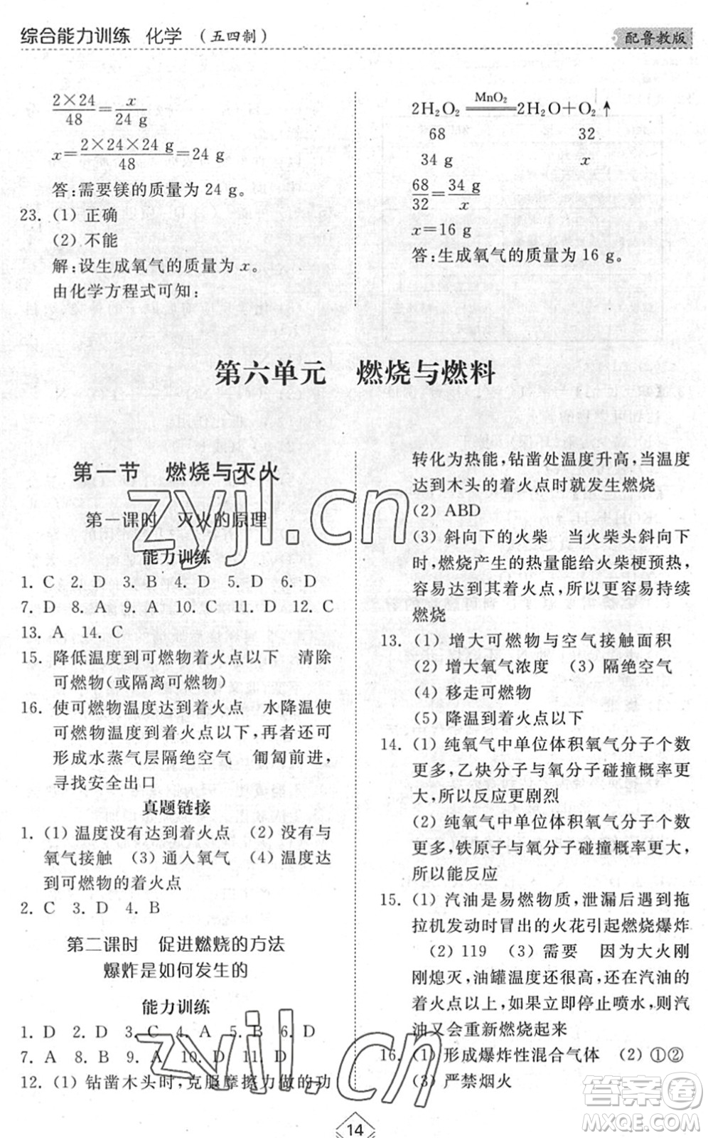 山東人民出版社2022綜合能力訓(xùn)練八年級(jí)化學(xué)下冊(cè)魯教版五四學(xué)制答案