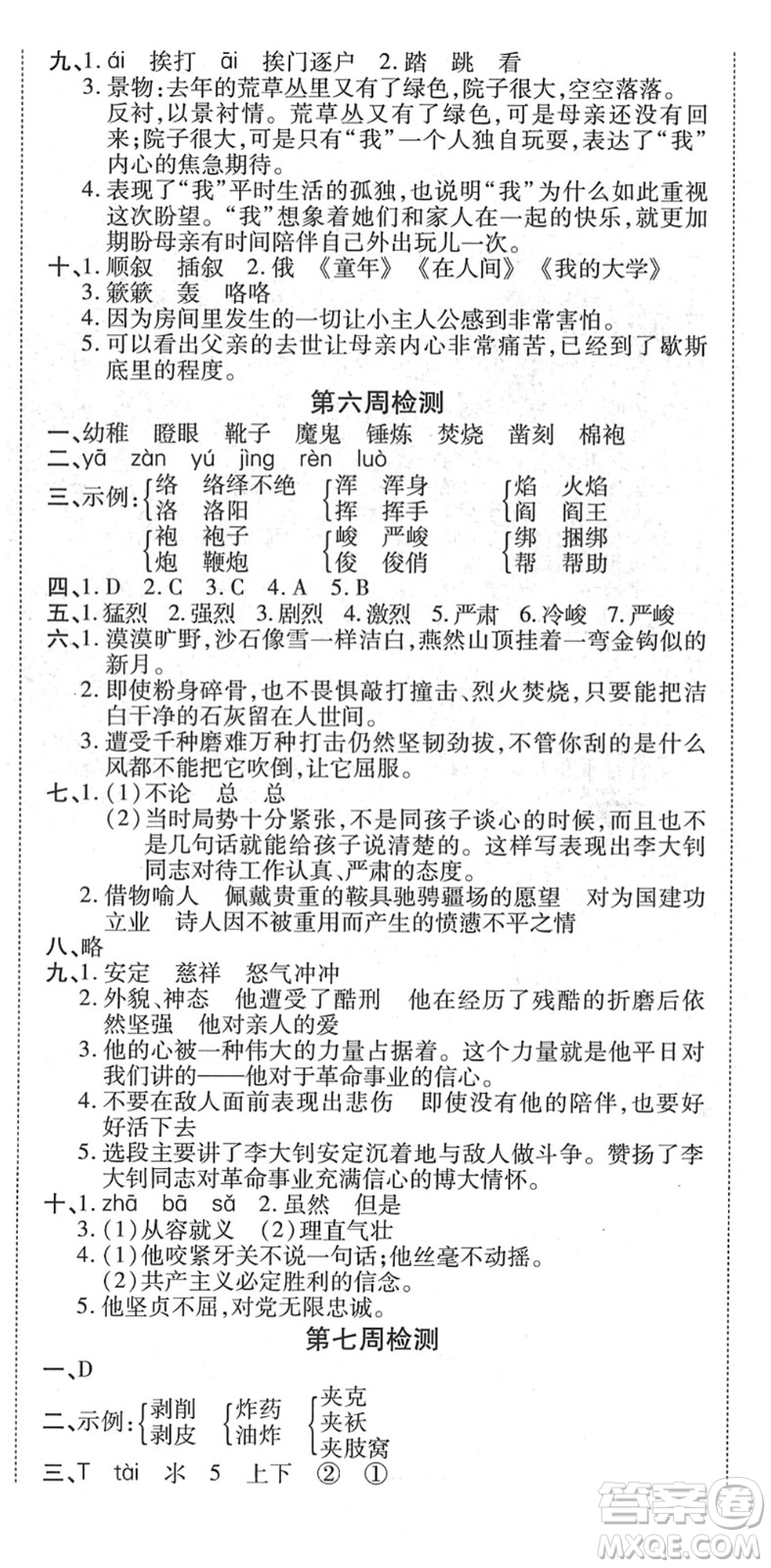 中州古籍出版社2022全能練考卷六年級(jí)語(yǔ)文下冊(cè)RJ人教版答案