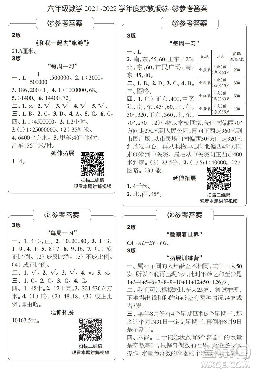 時(shí)代學(xué)習(xí)報(bào)數(shù)學(xué)周刊六年級(jí)2021-2022學(xué)年度蘇教版第35-38期參考答案