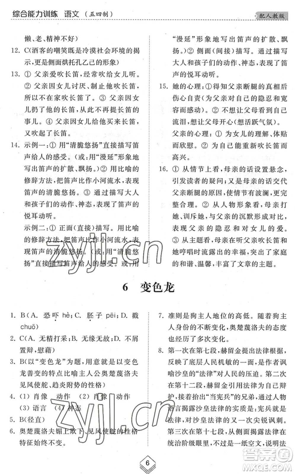 山東人民出版社2022綜合能力訓(xùn)練九年級語文全一冊(2)人教版五四學(xué)制答案