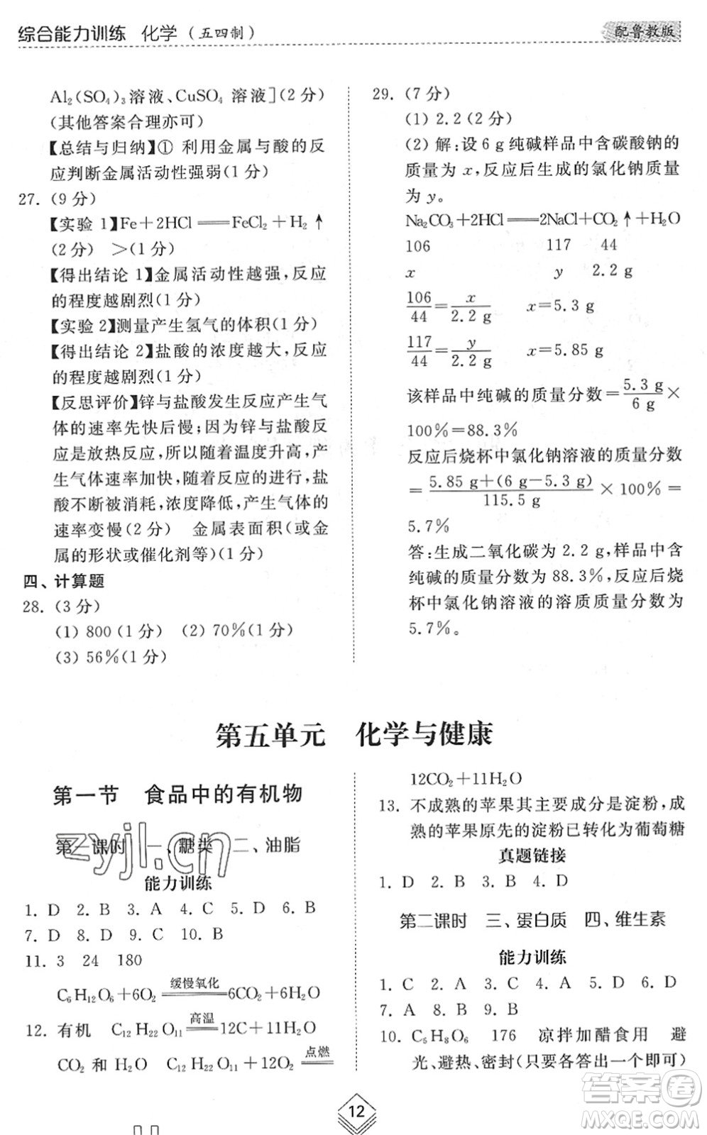 山東人民出版社2022綜合能力訓(xùn)練九年級化學(xué)全一冊(2)魯教版五四學(xué)制答案