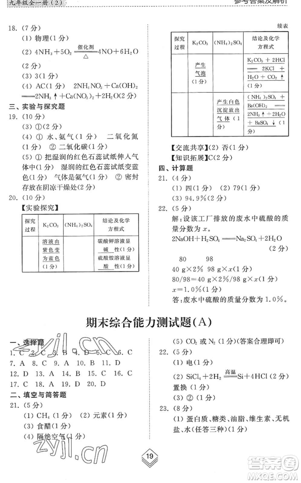 山東人民出版社2022綜合能力訓(xùn)練九年級化學(xué)全一冊(2)魯教版五四學(xué)制答案