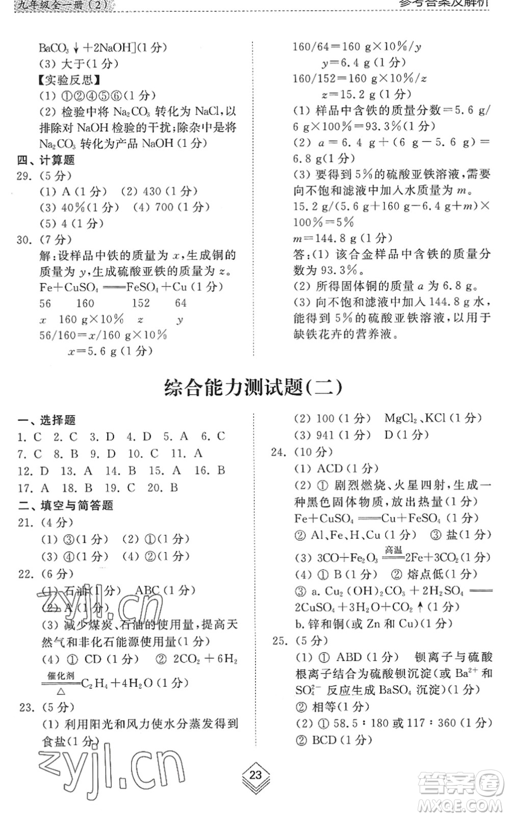 山東人民出版社2022綜合能力訓(xùn)練九年級化學(xué)全一冊(2)魯教版五四學(xué)制答案