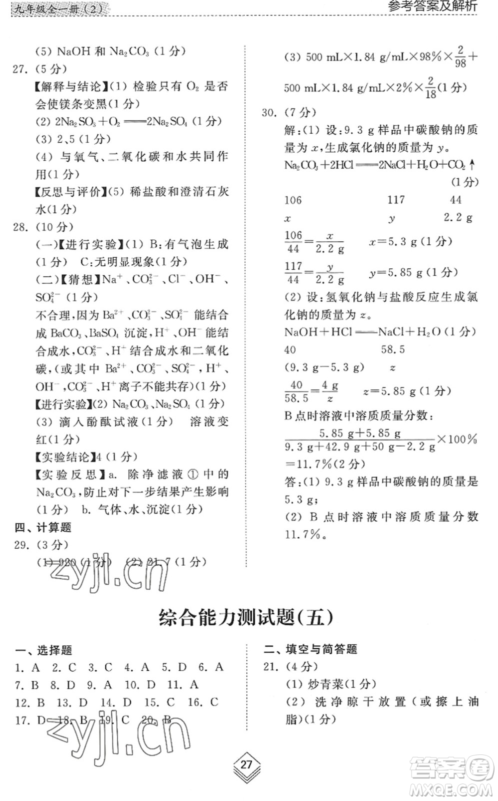 山東人民出版社2022綜合能力訓(xùn)練九年級化學(xué)全一冊(2)魯教版五四學(xué)制答案