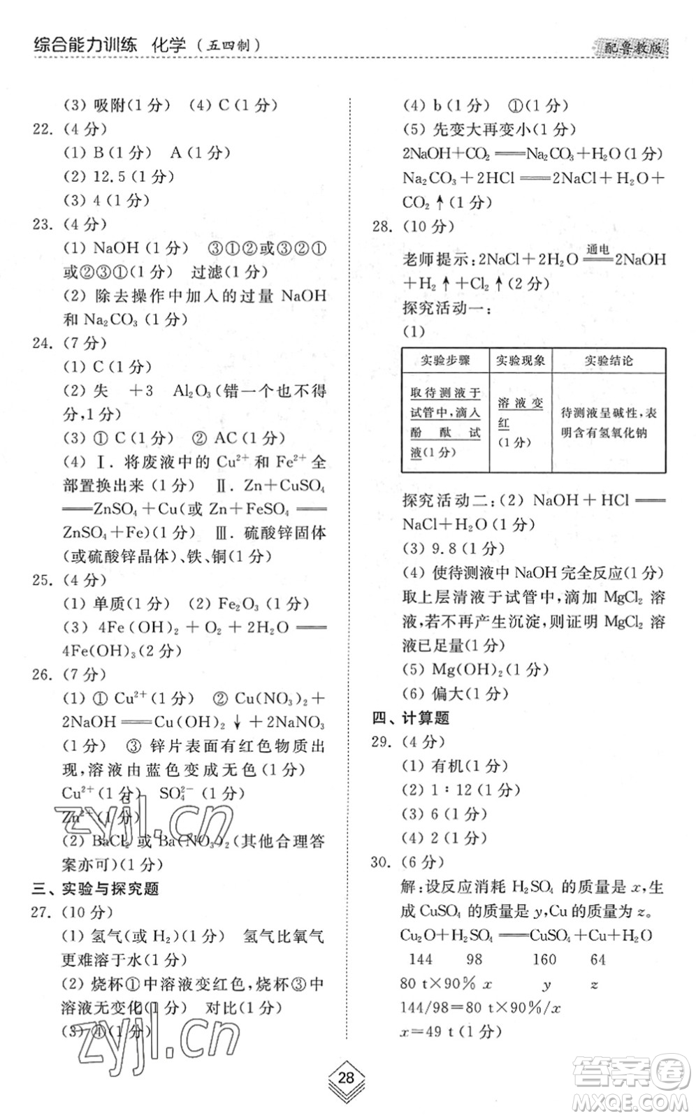 山東人民出版社2022綜合能力訓(xùn)練九年級化學(xué)全一冊(2)魯教版五四學(xué)制答案