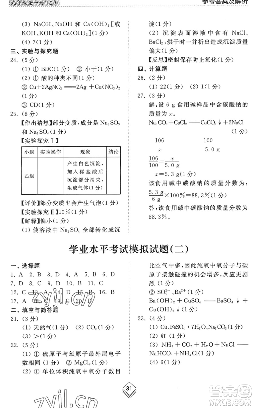 山東人民出版社2022綜合能力訓(xùn)練九年級化學(xué)全一冊(2)魯教版五四學(xué)制答案