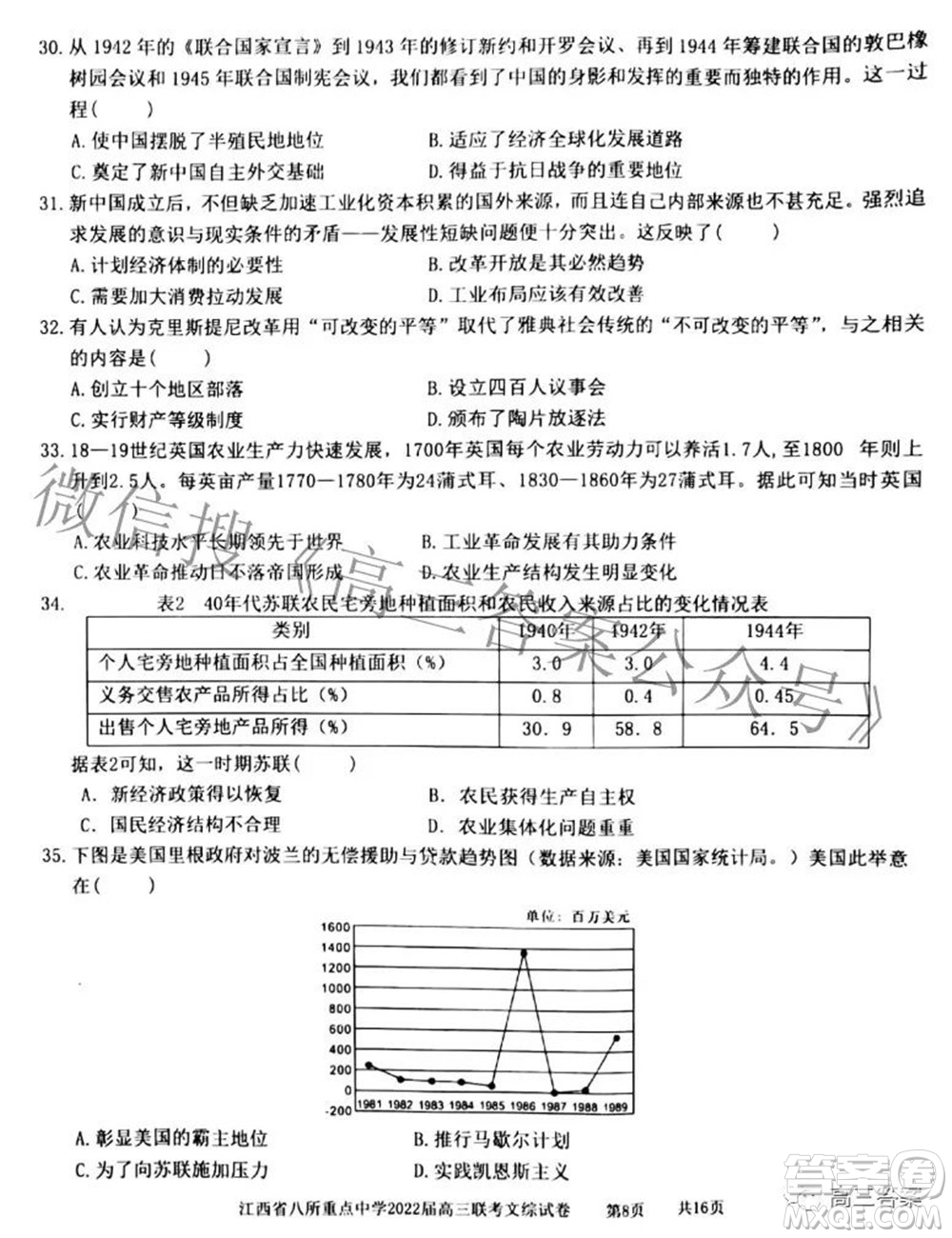 江西省八所重點中學(xué)2022屆高三聯(lián)考文科綜合試題及答案