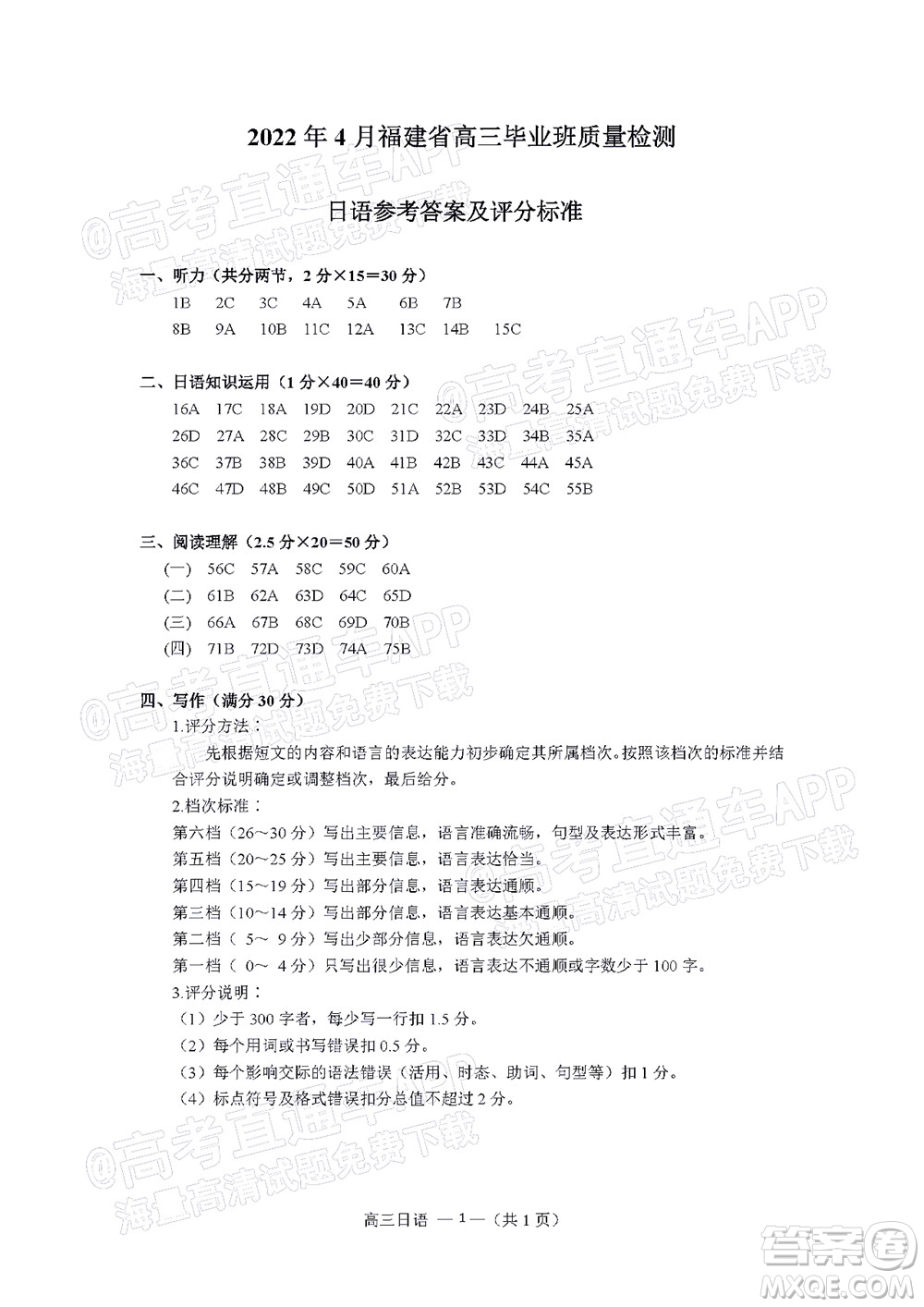 福建省部分地市2022屆高三畢業(yè)班4月診斷性聯(lián)考日語試題及答案