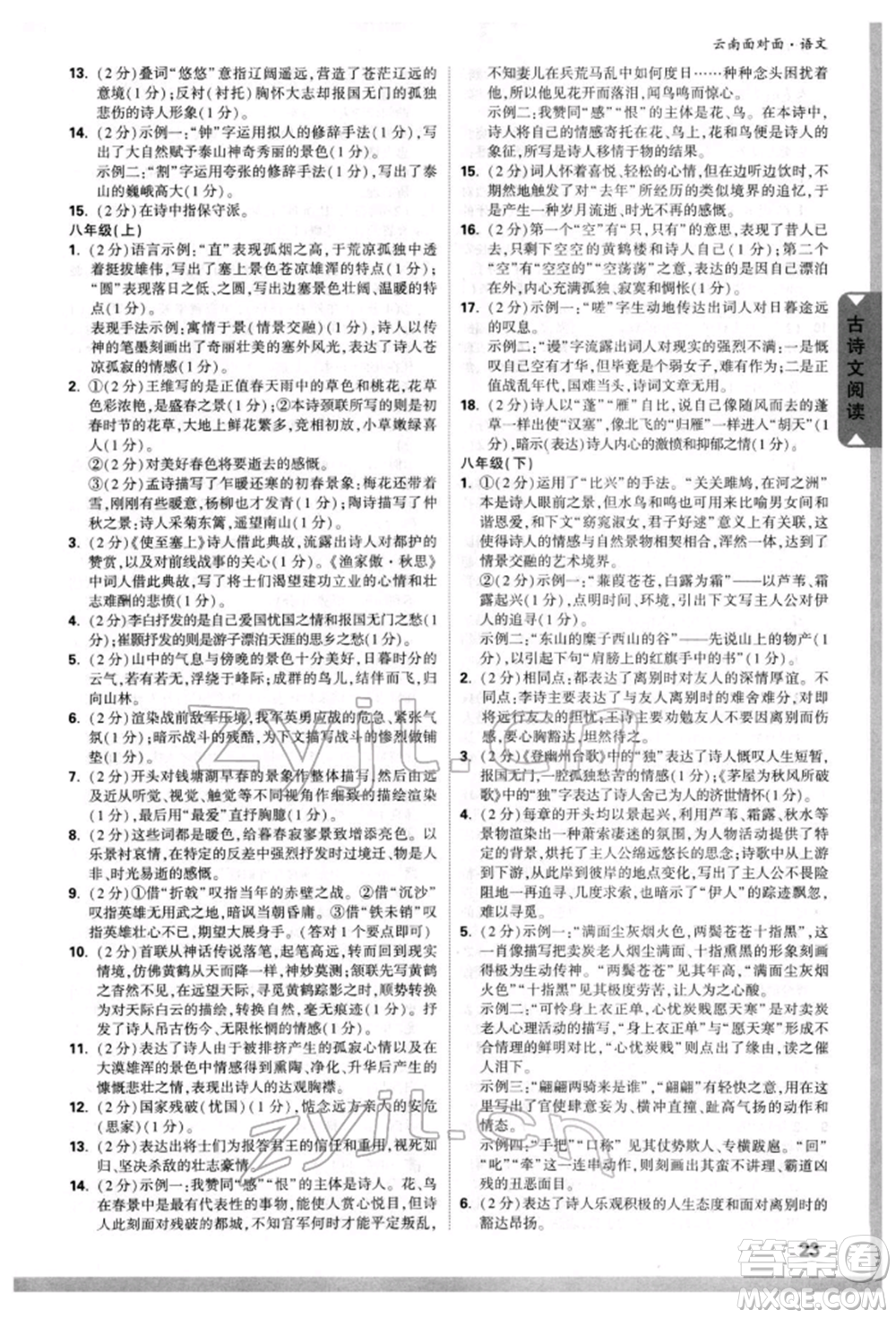 新疆青少年出版社2022中考面對(duì)面九年級(jí)語(yǔ)文通用版云南專版參考答案