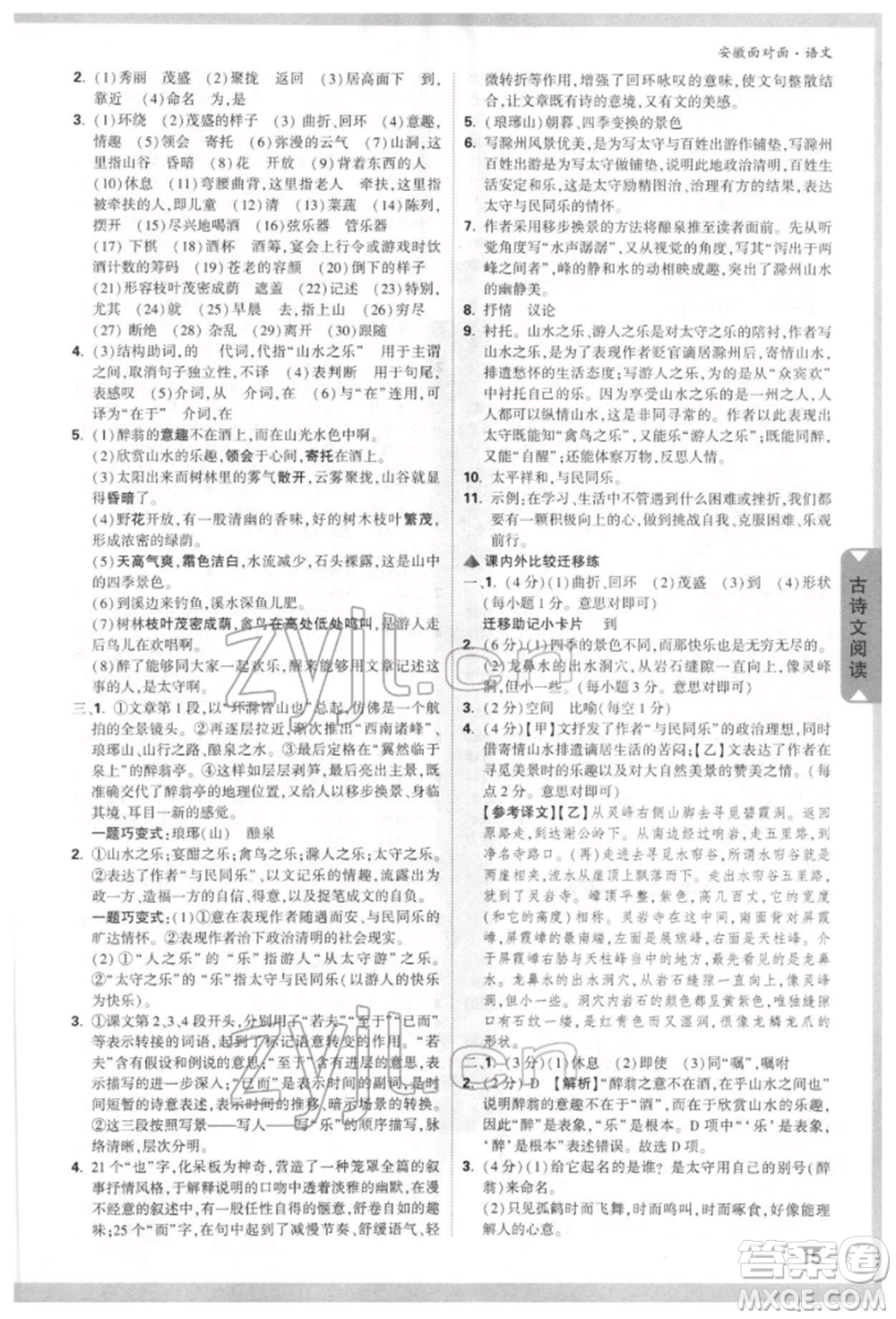 新疆青少年出版社2022中考面對(duì)面九年級(jí)語文通用版安徽專版參考答案