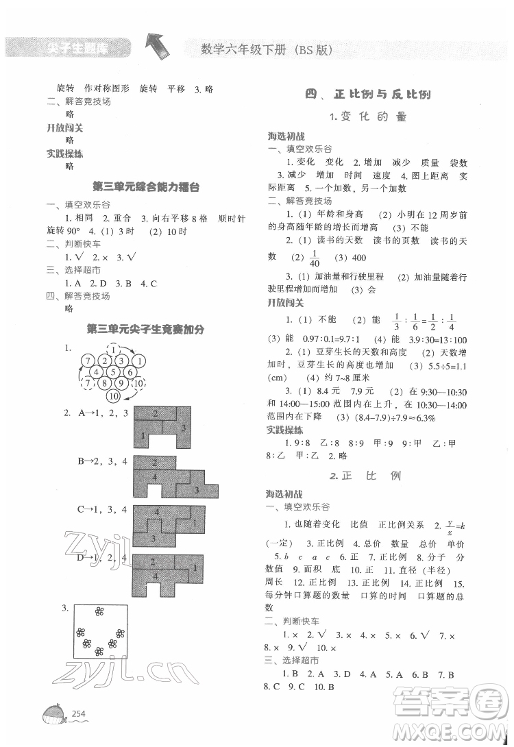 遼寧教育出版社2022尖子生題庫數(shù)學(xué)六年級下冊BS北師版答案