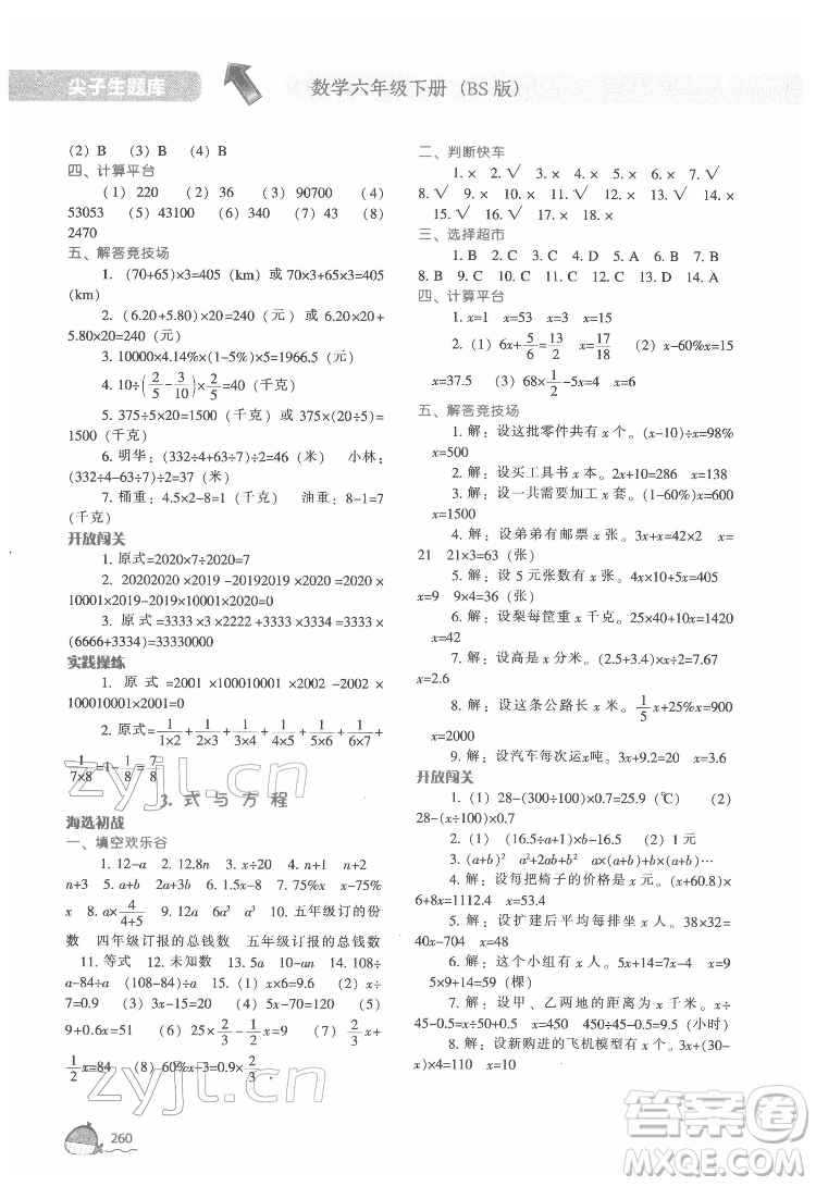 遼寧教育出版社2022尖子生題庫數(shù)學(xué)六年級下冊BS北師版答案