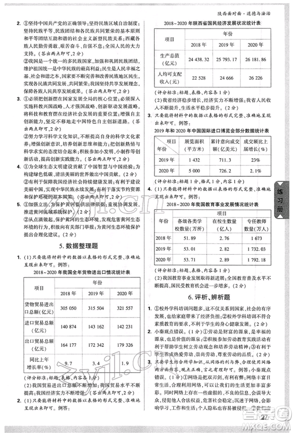 西安出版社2022中考面對面九年級道德與法治通用版陜西專版參考答案