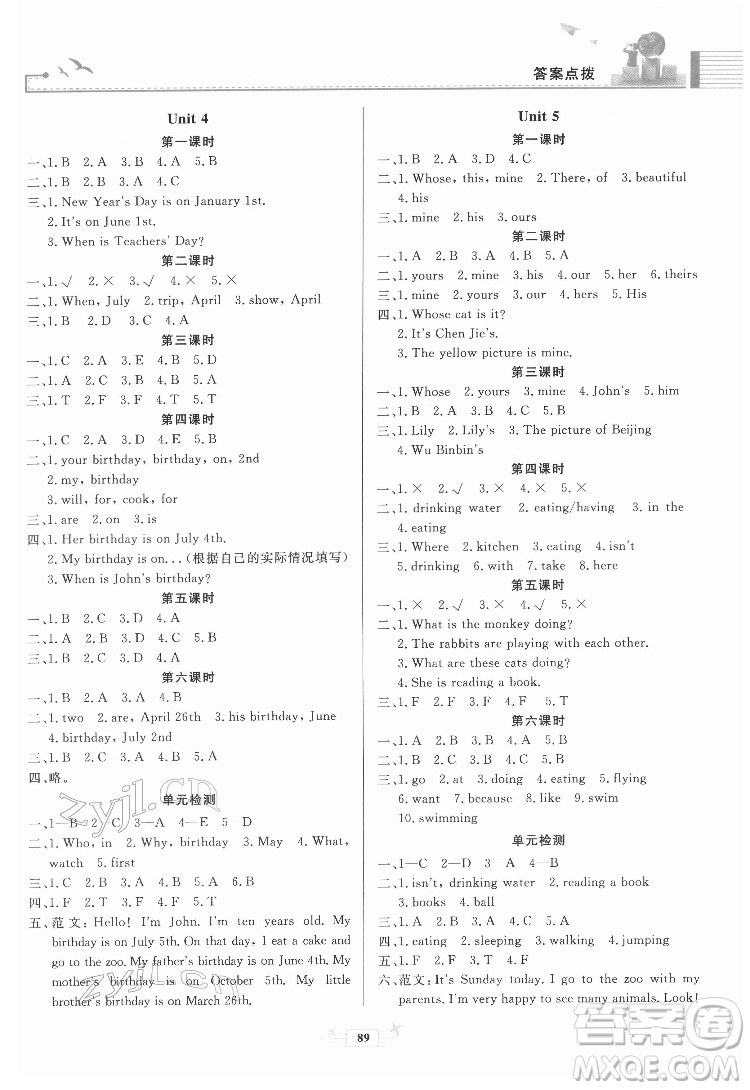 人民教育出版社2022陽光課堂金牌練習冊英語五年級下冊人教版答案