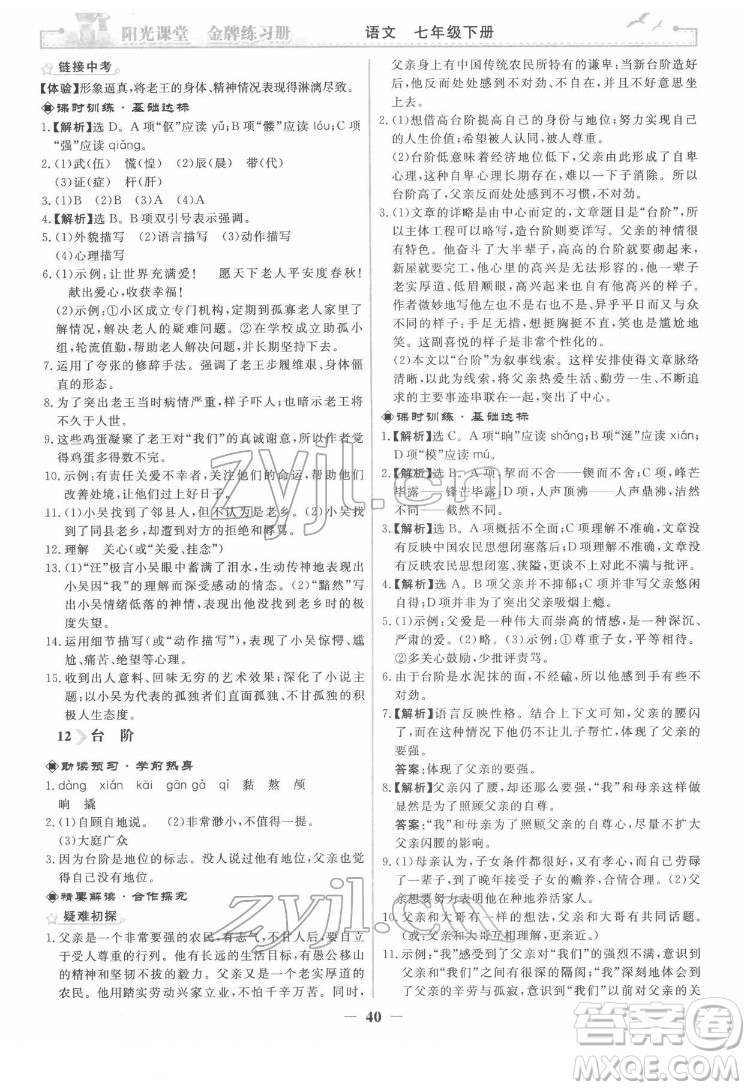 人民教育出版社2022陽光課堂金牌練習(xí)冊語文七年級下冊人教版答案