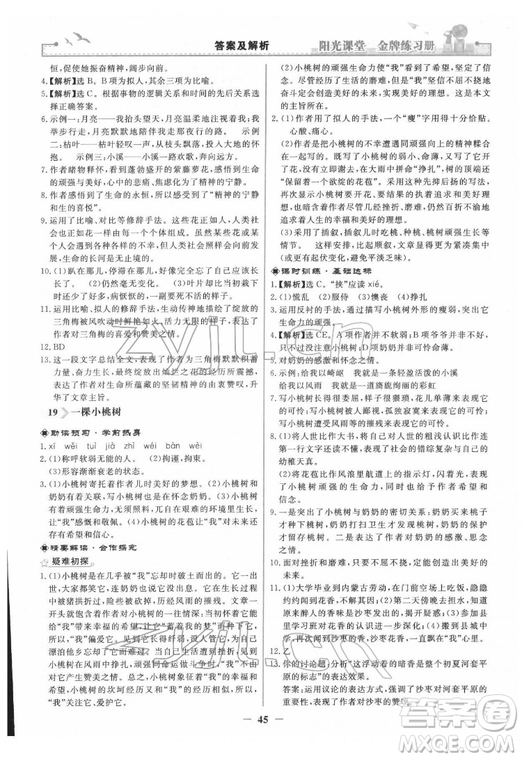 人民教育出版社2022陽光課堂金牌練習(xí)冊語文七年級下冊人教版答案