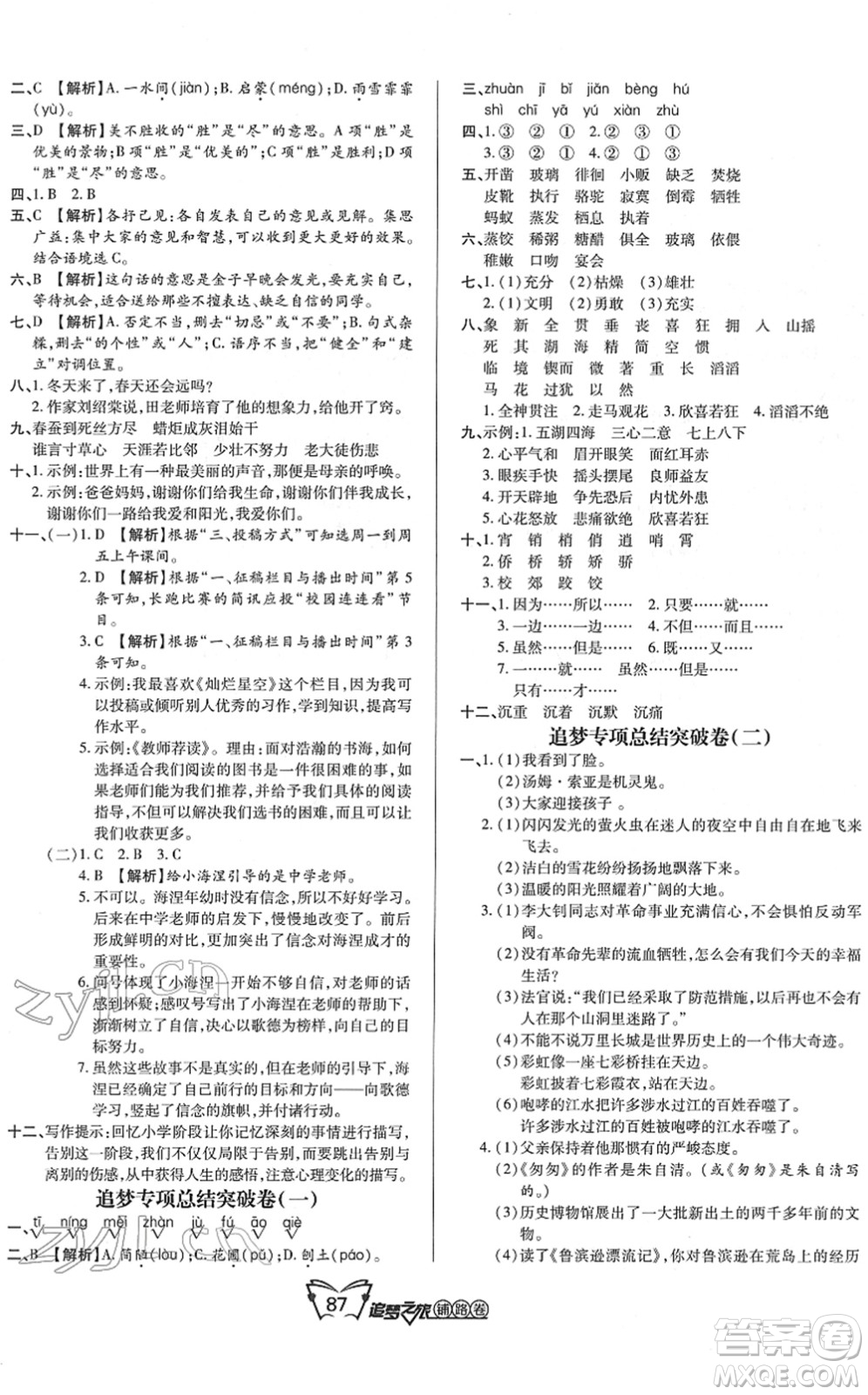 天津科學(xué)技術(shù)出版社2022追夢之旅鋪路卷六年級語文下冊RJ人教版河南專版答案