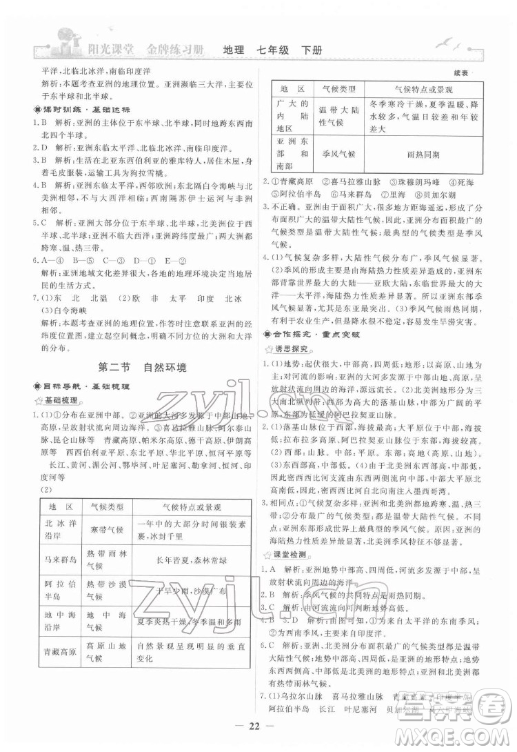 人民教育出版社2022陽(yáng)光課堂金牌練習(xí)冊(cè)地理七年級(jí)下冊(cè)人教版答案