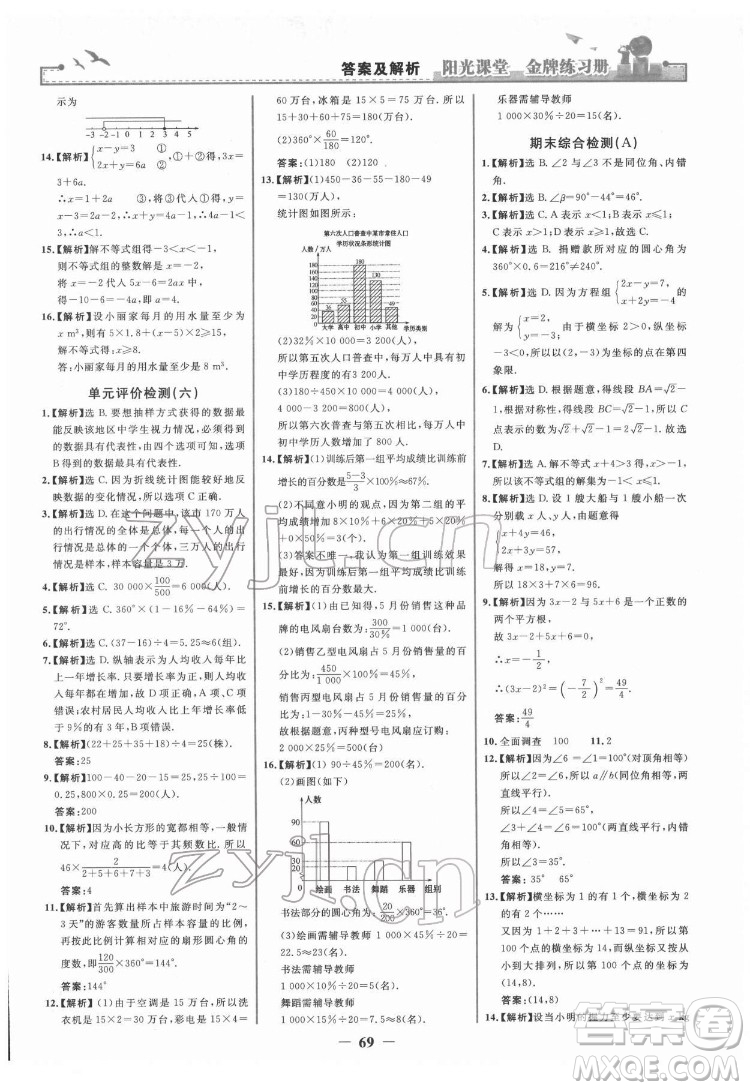 人民教育出版社2022陽(yáng)光課堂金牌練習(xí)冊(cè)數(shù)學(xué)七年級(jí)下冊(cè)人教版答案