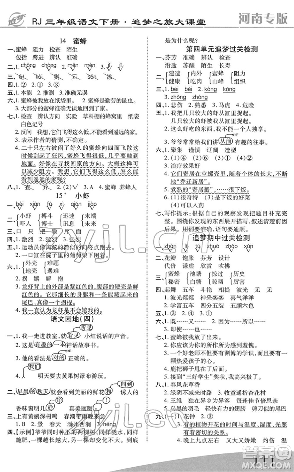 天津科學(xué)技術(shù)出版社2022追夢之旅大課堂三年級語文下冊RJ人教版河南專版答案