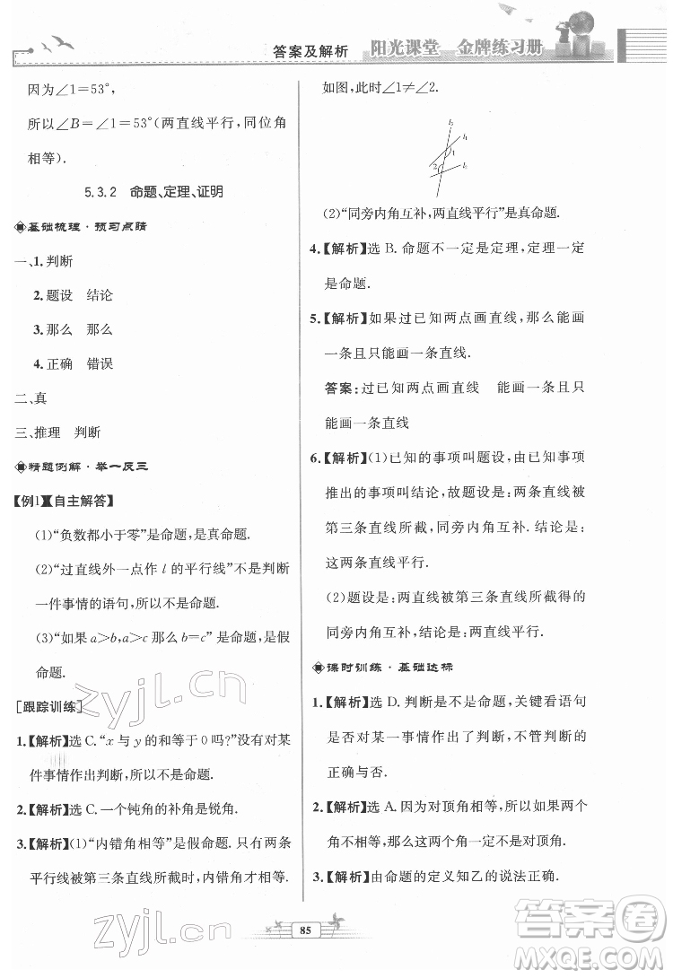 人民教育出版社2022陽(yáng)光課堂金牌練習(xí)冊(cè)數(shù)學(xué)七年級(jí)下冊(cè)人教版福建專(zhuān)版答案