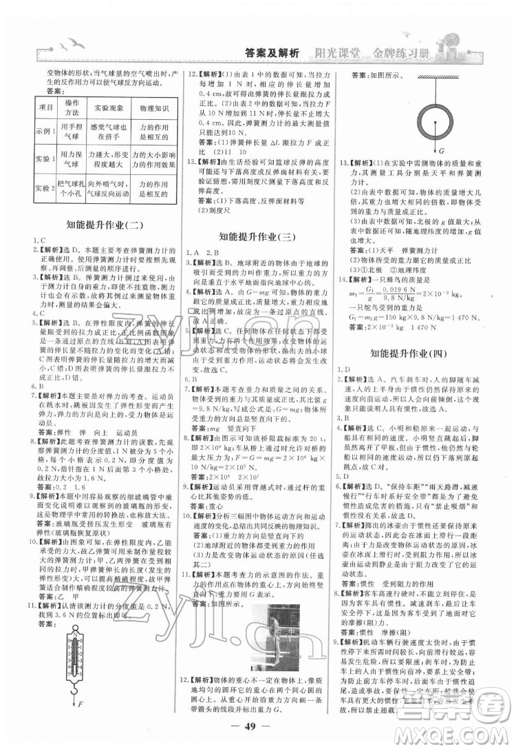 人民教育出版社2022陽光課堂金牌練習冊物理八年級下冊人教版答案