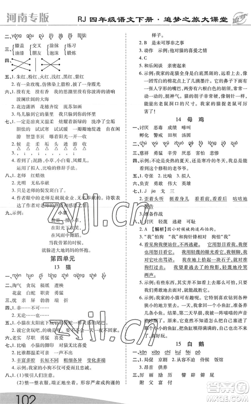 天津科學(xué)技術(shù)出版社2022追夢(mèng)之旅大課堂四年級(jí)語(yǔ)文下冊(cè)RJ人教版河南專版答案