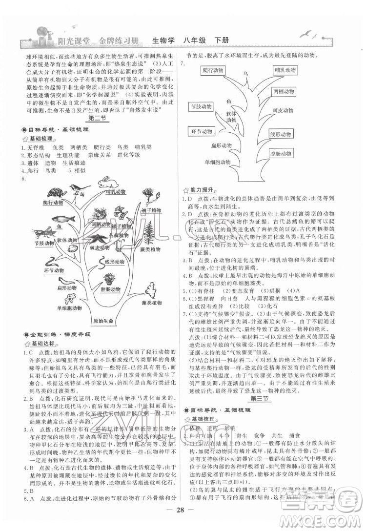 人民教育出版社2022陽(yáng)光課堂金牌練習(xí)冊(cè)生物學(xué)八年級(jí)下冊(cè)人教版答案