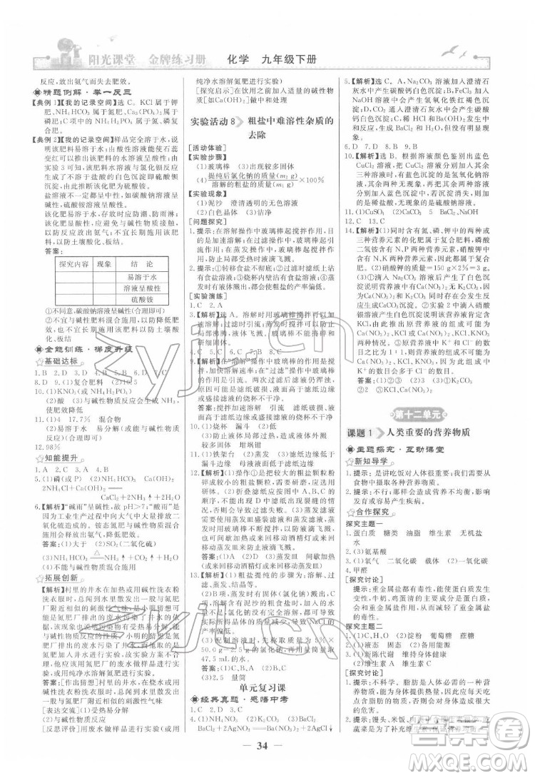 人民教育出版社2022陽(yáng)光課堂金牌練習(xí)冊(cè)化學(xué)九年級(jí)下冊(cè)人教版答案